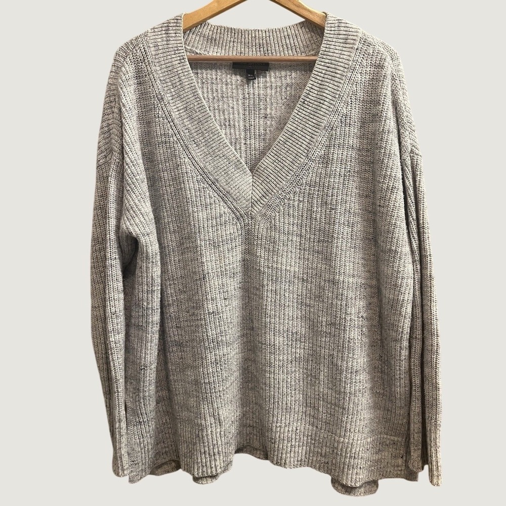 Lane Bryant V-Neck Sweater Womens 18/20 Grey Marled Cotton Side Slit Pullover